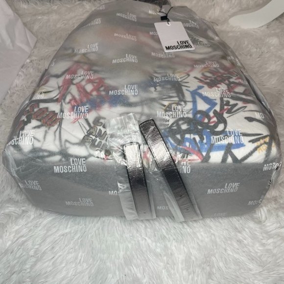 LOVE MOSCHINO White Graffiti Leather Backpack - Picture 10 of 15